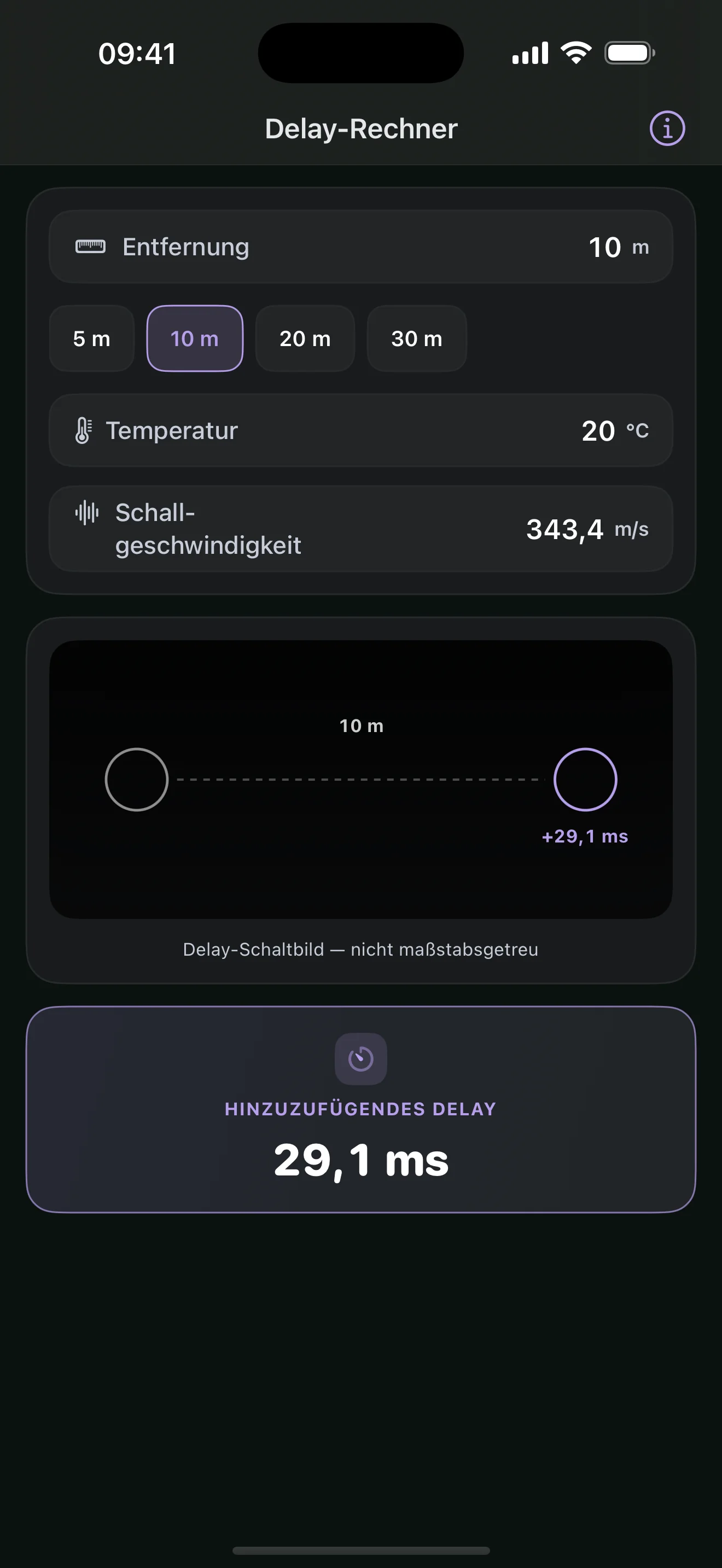 Delay-Rechner: 10 m · 20 °C · 29,1 ms