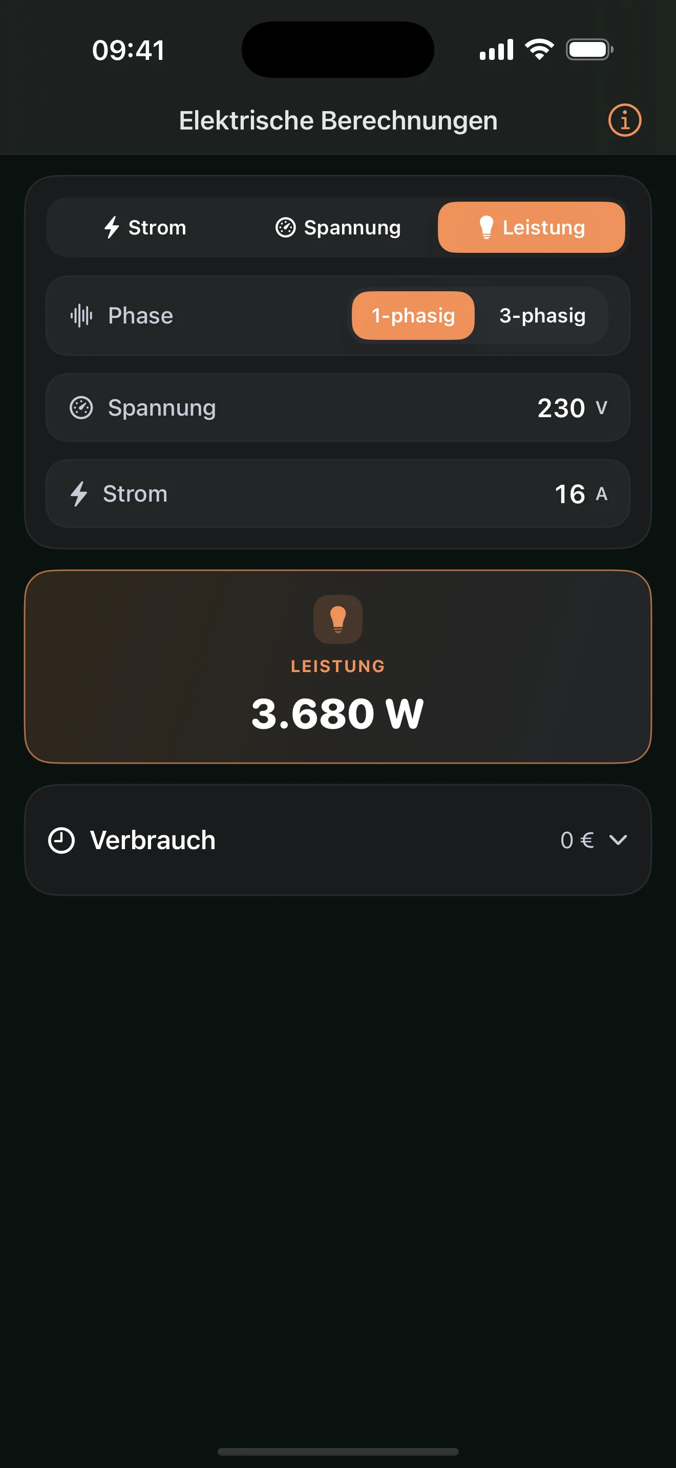 Elektrische Berechnungen: 230 V · 16 A · cos φ 0,95