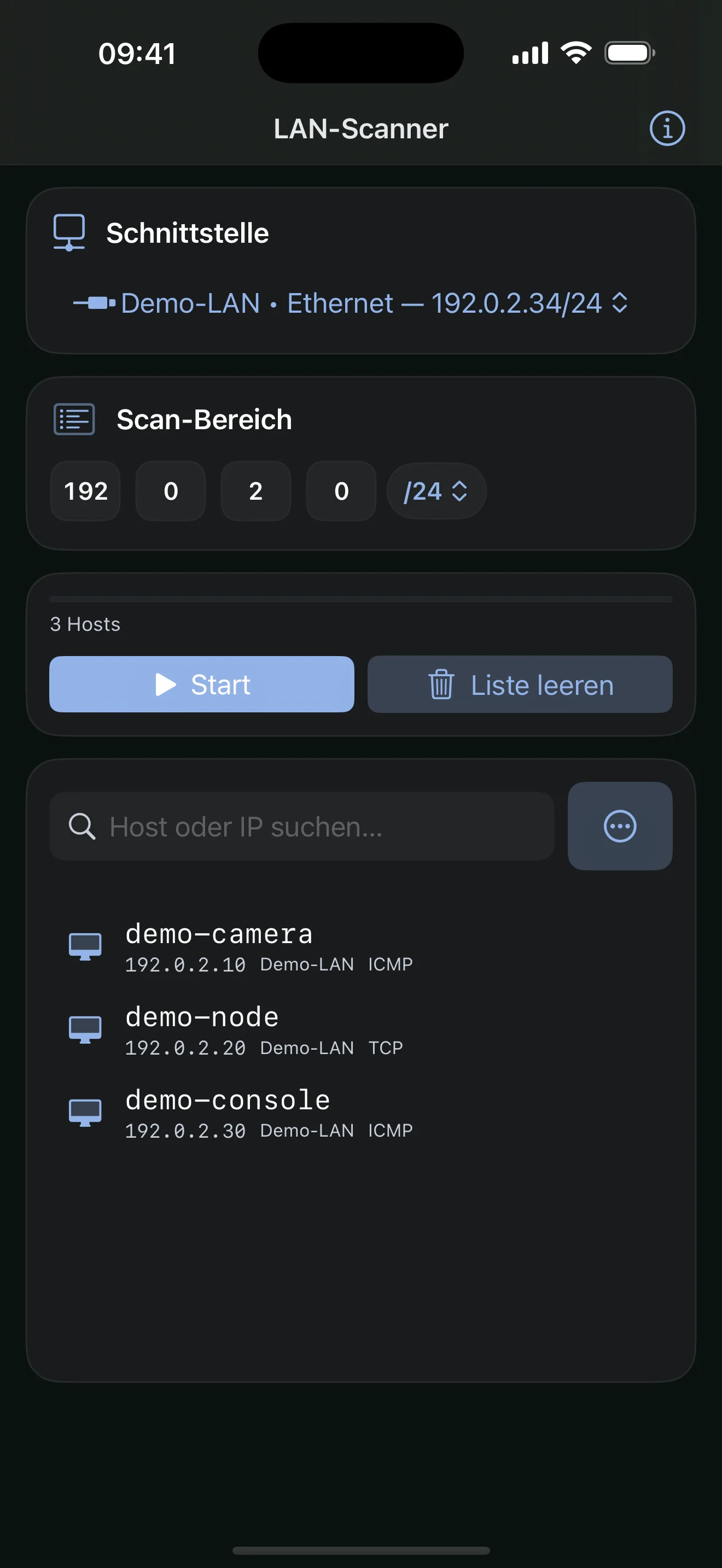 LAN‑Scanner: Labornetz · 3 Geräte gefunden