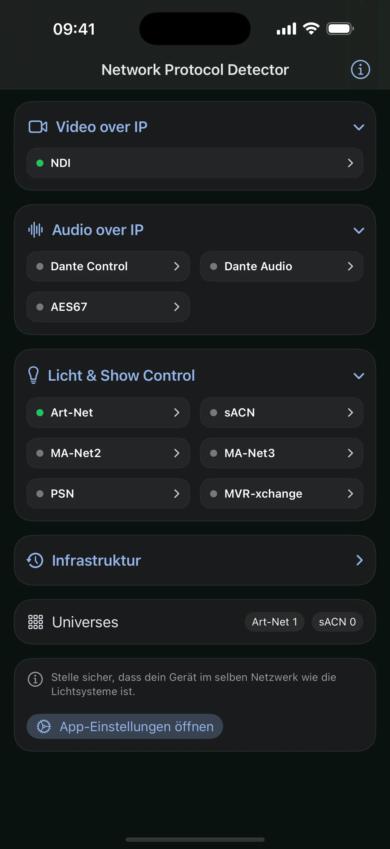 Network Protocol Detector: Art-Net · sACN · NDI aktiv
